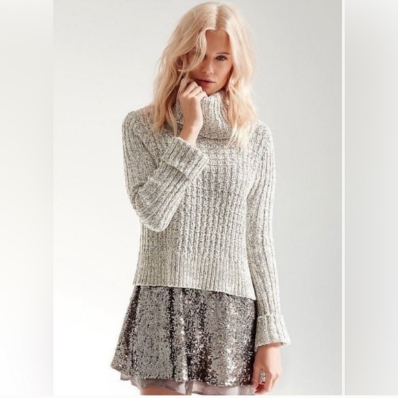 Free People Sweater Small Marled Ivory Combo Twisted Cable T-Neck Long Sleeves - Picture 1 of 12